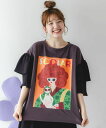 scolar スカラー 152751:ネコと女の子アート柄 ボリューム袖Tシャツ