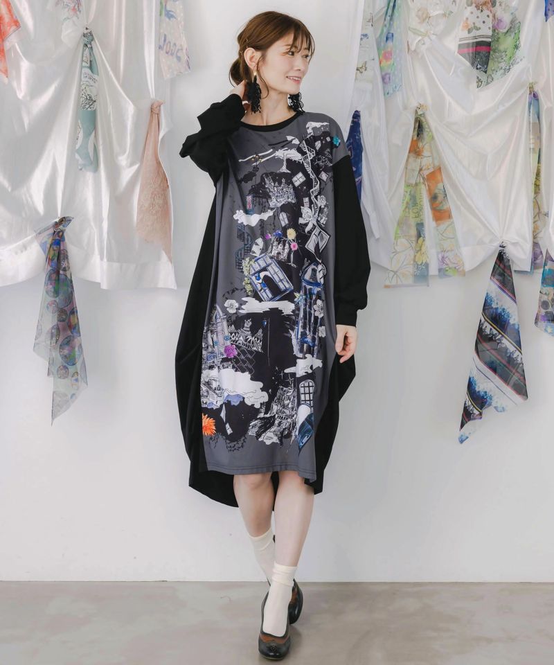 is scolar イズスカラー 553239：不思議な街柄タック入りワンピース