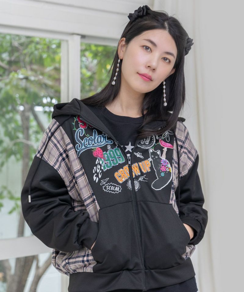 scolar スカラー 153653：POP・チェック柄切替パーカー