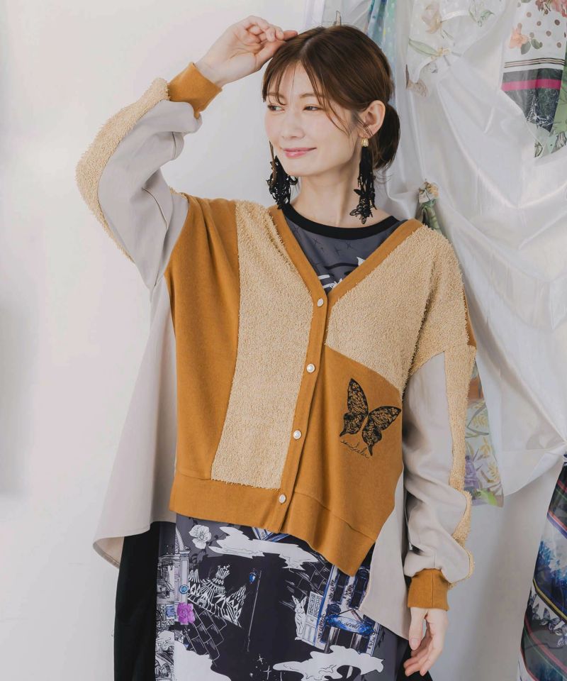 is scolar イズスカラー 553227：蝶々の異素材切替カーディガン