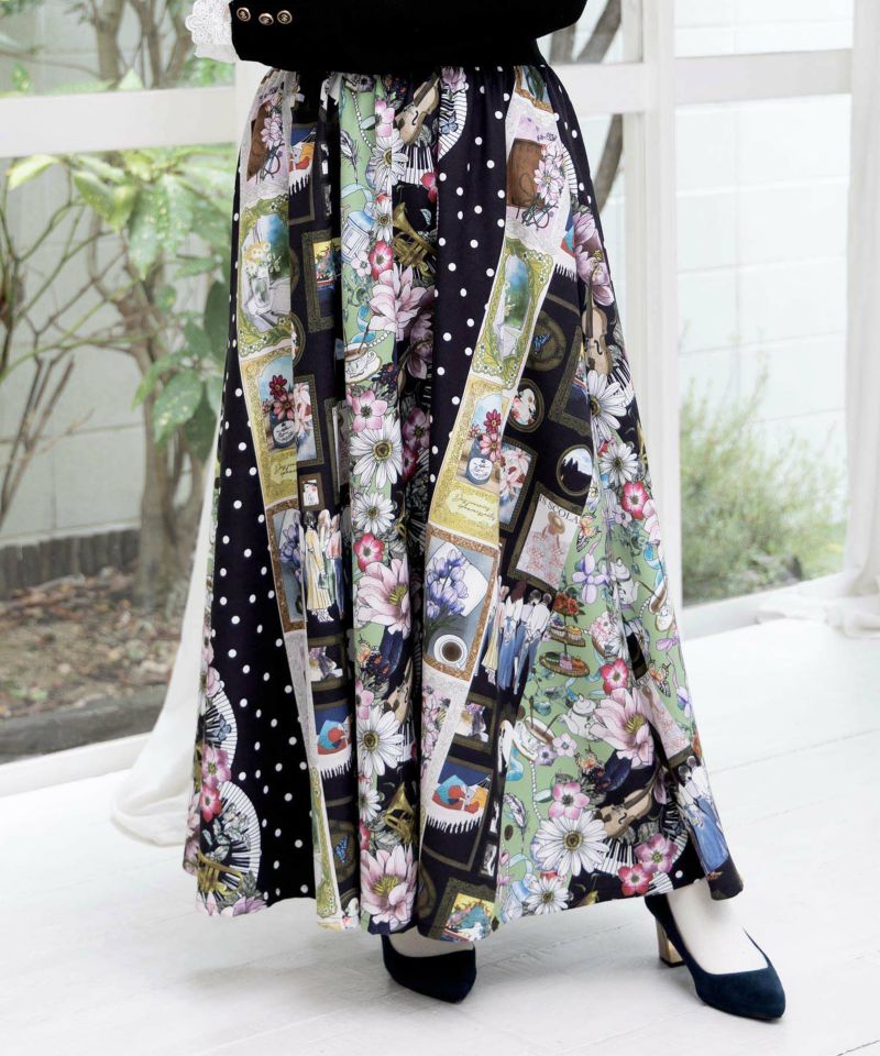 is scolar イズスカラー 553256：芸術と音楽と花のコラージュ柄フレアスカート