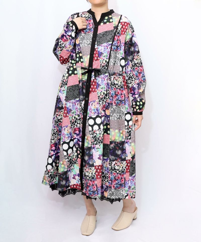 scolar スカラー 153676：パッチワーク風総柄ドロスト前開きワンピース