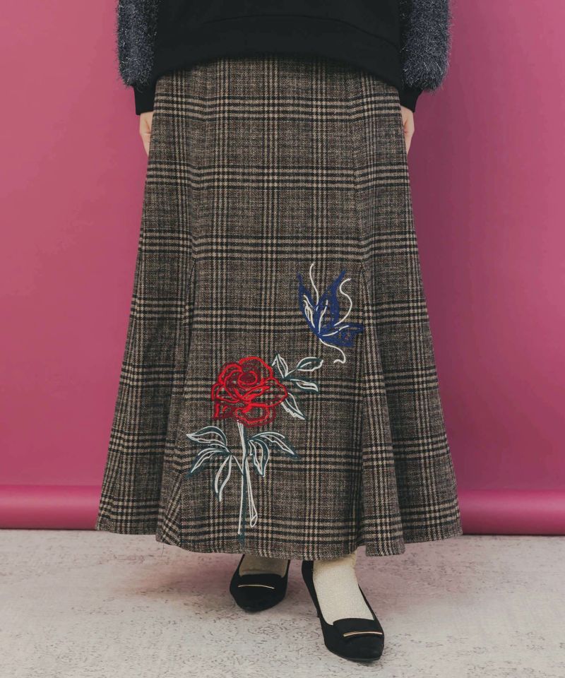 is scolar イズスカラー 553259：バラ×蝶刺繍起毛 チェックマーメイドスカート