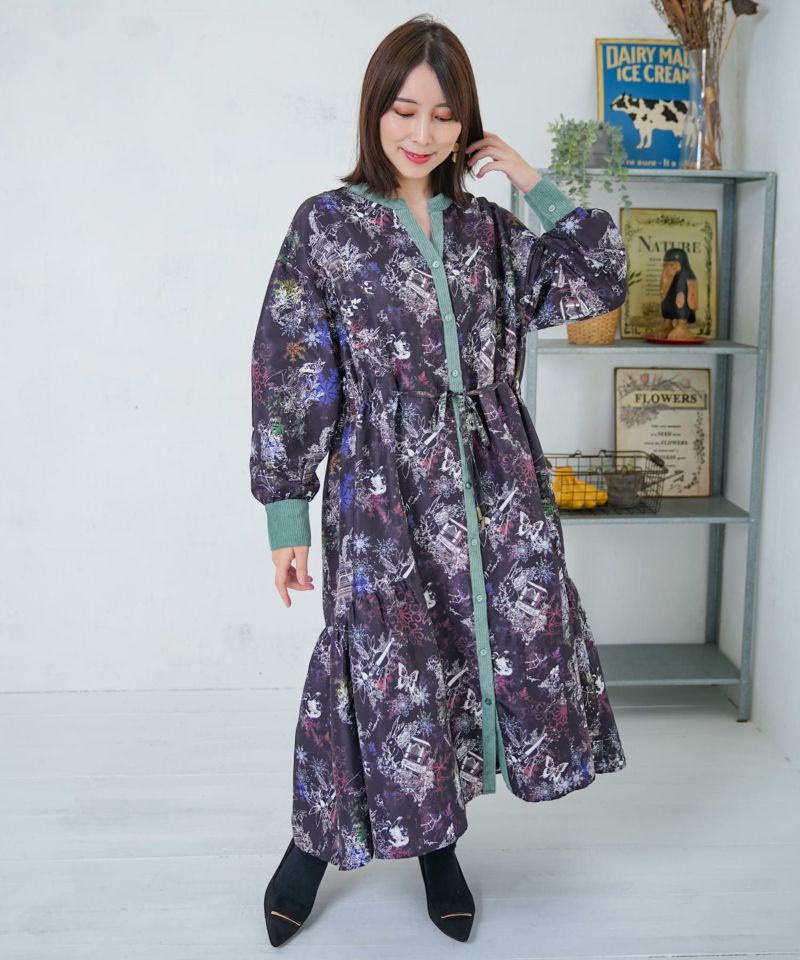 is scolar イズスカラー 553271：星座・楽器・雪の結晶柄 布帛×コーデュロイワンピース