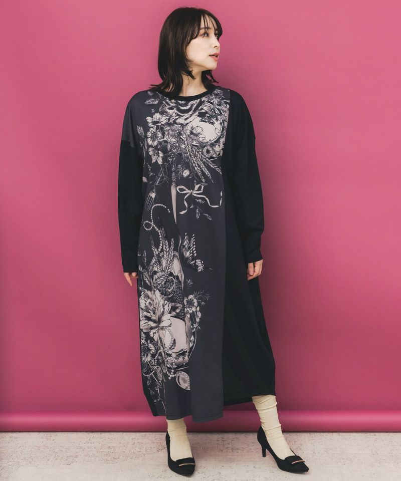 is scolar イズスカラー 553268：花柄×無地バイカラー裏毛ワンピース