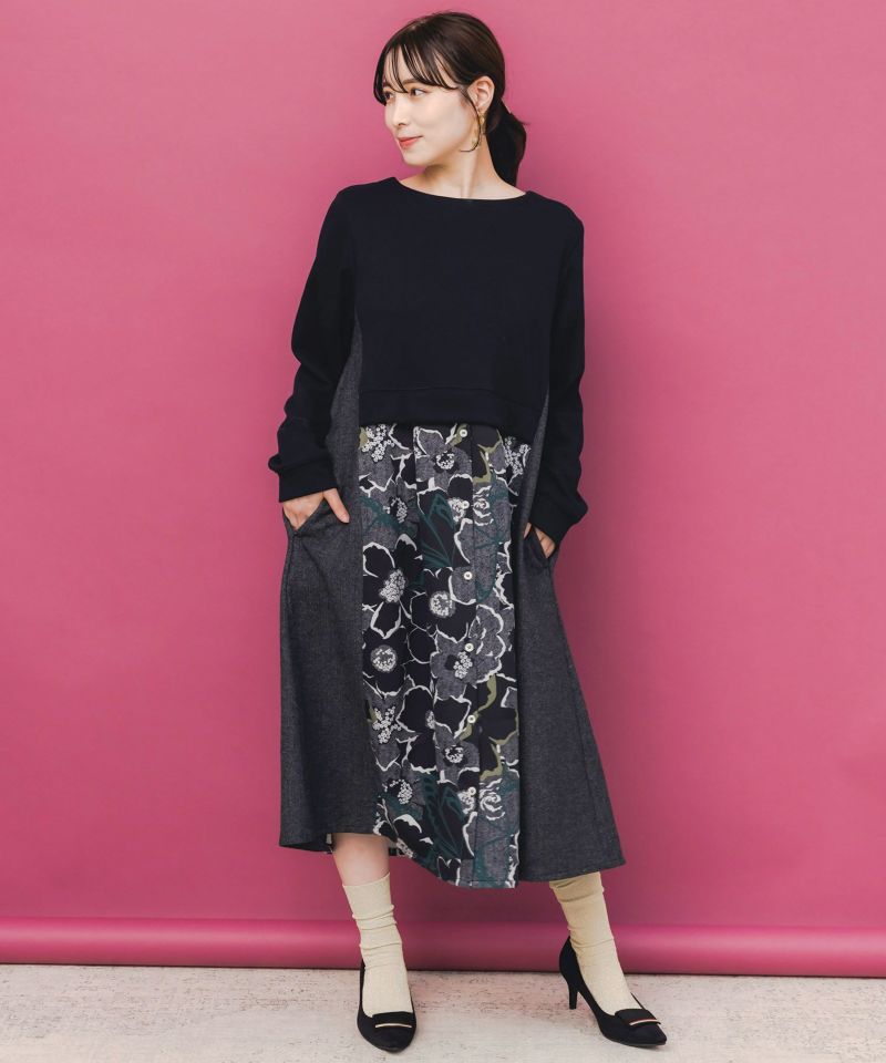 is scolar イズスカラー 553261：花柄ヘリンボーン×裏毛×布帛 異素材切替ワンピース