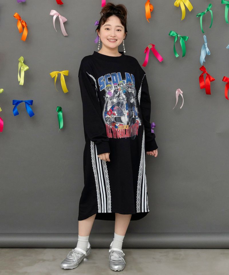 scolar スカラー 153783：レースライン×ロック柄ミニ裏毛ワンピース