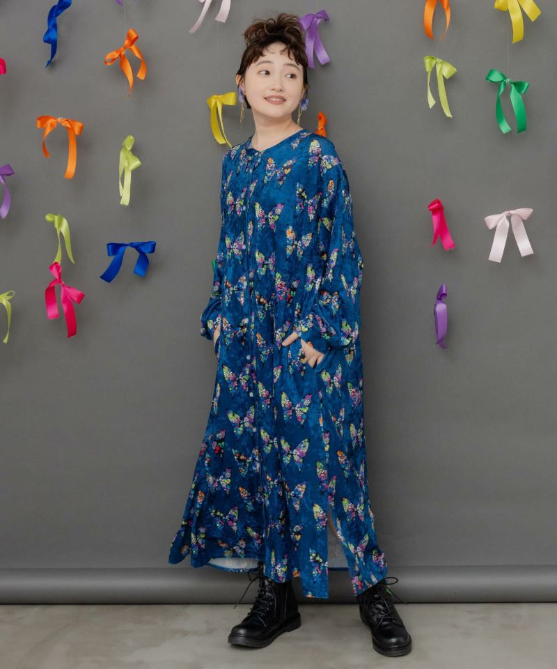 scolar スカラー 153759：アニマル×蝶柄 前開きクラッシュベロアワンピース