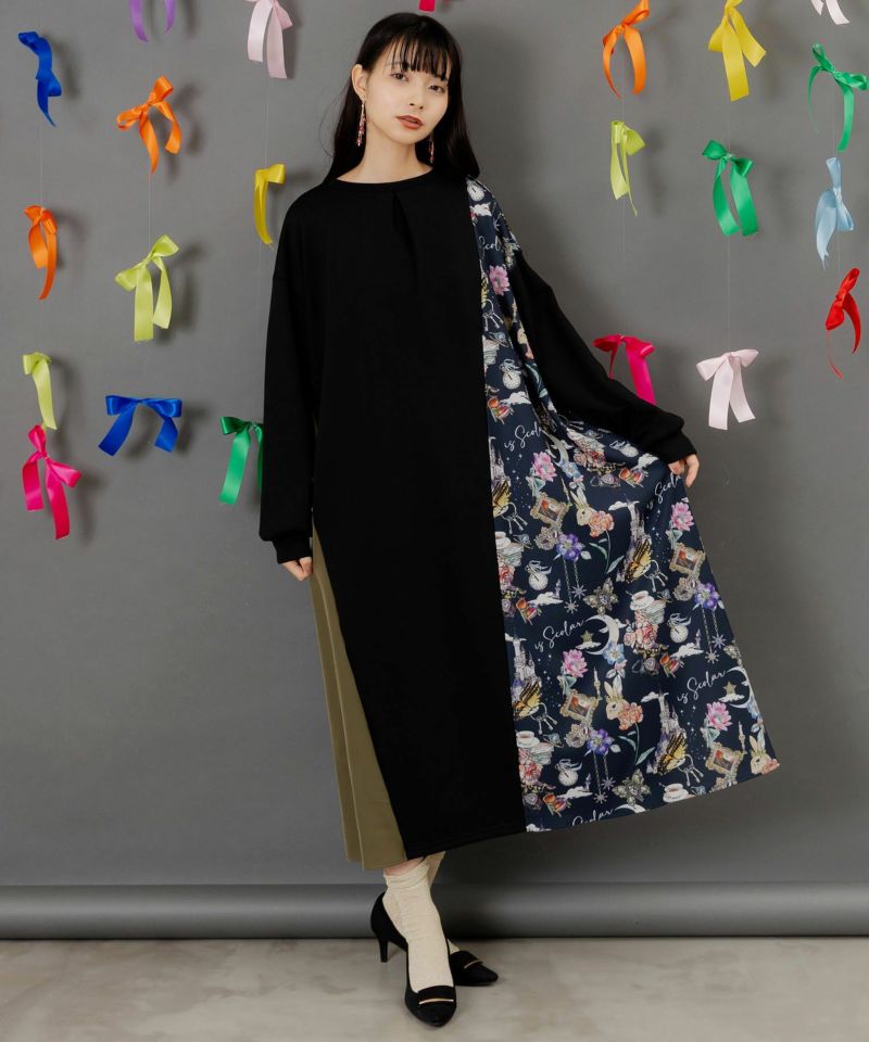 is scolar イズスカラー 553289：アンティーク柄 バイカラー切替ワンピース