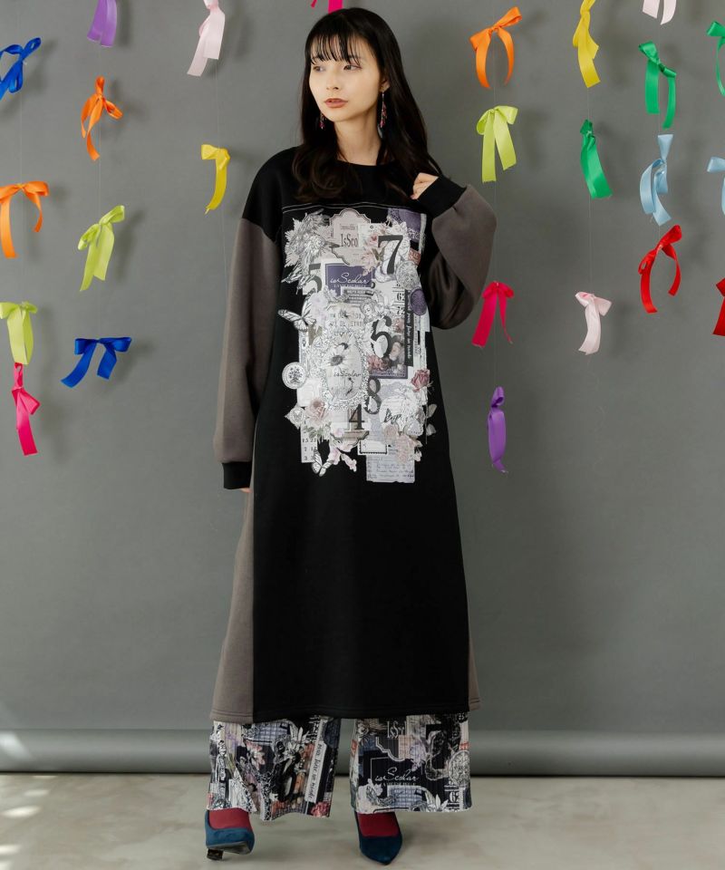 is scolar イズスカラー 553287：コラージュ柄裏起毛ワンピース