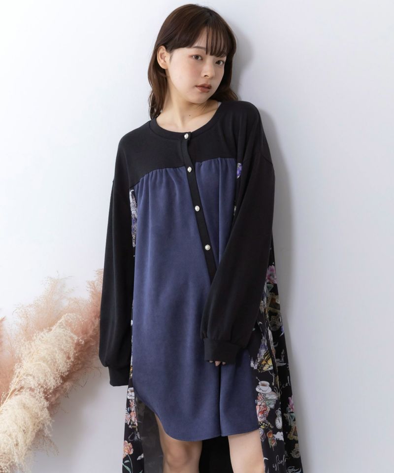 is scolar イズスカラー 553286：アンティーク柄 3素材切替ロングカーディガン