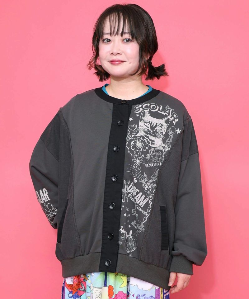 Rakuten - scolar スカラー 161612：チョーク風柄裏毛×綿ツイル異素材切替カーディガン