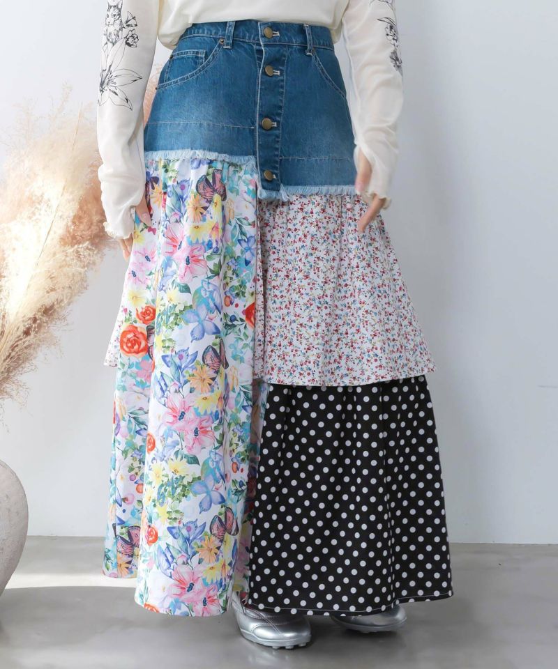 scolar スカラー 161632：デニム×パッチワーク風 異素材切替2wayスカート