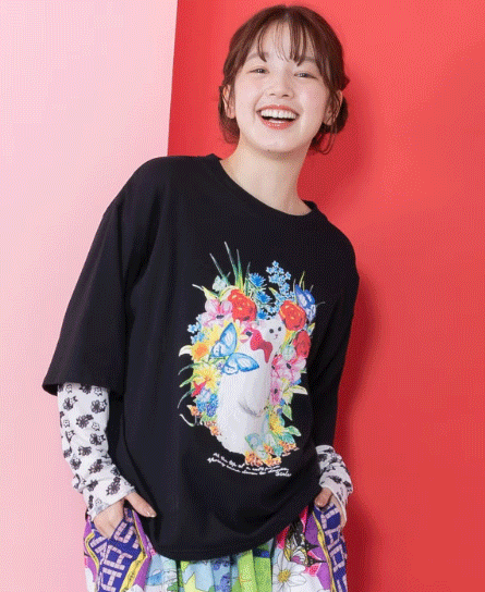 Rakuten - scolar スカラー 161635：花ネコ柄チュール切替ロングスリーブTシャツ