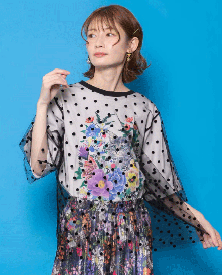 Rakuten - scolar スカラー 161644：ドットチュール重ね花ネコ柄Tシャツ