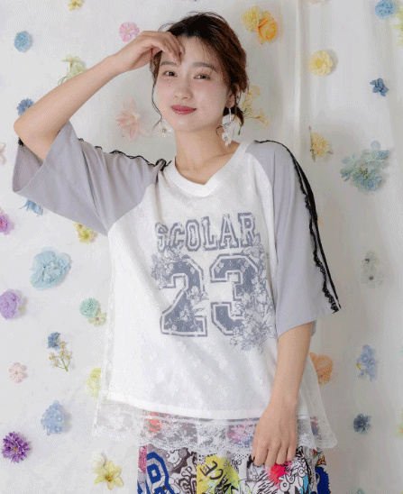 Rakuten - scolar スカラー 162618：花チュールレース重ねユニフォーム風Tシャツ