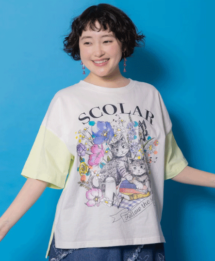 Rakuten - scolar スカラー　161651：花ネコピクニック柄配色Tシャツ