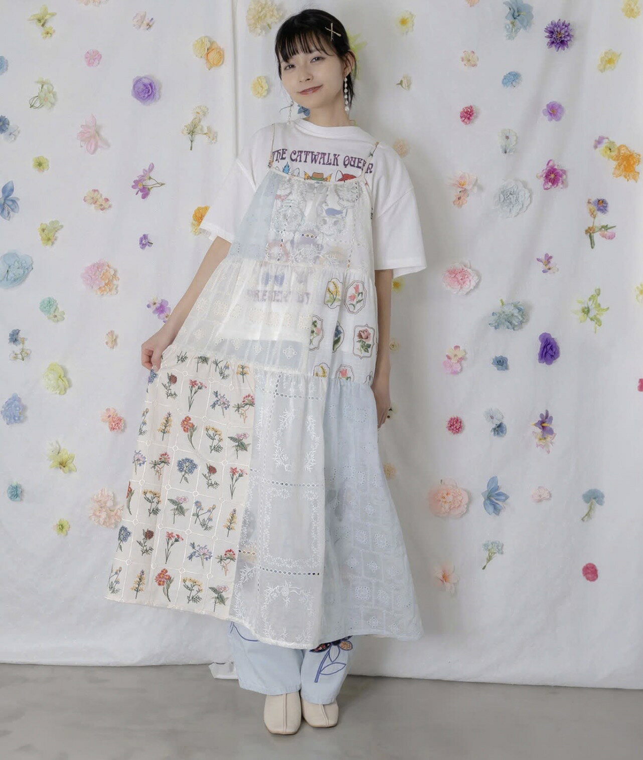 Rakuten - scolar スカラー 162603：花刺繍×コットンレース×シアー 異素材キャミワンピース