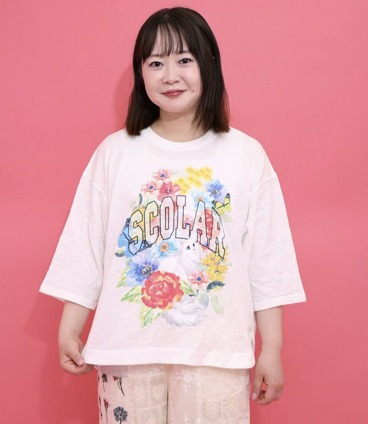 Rakuten - scolar スカラー 162635：花ネコ発泡プリント ローズジャガードTシャツ