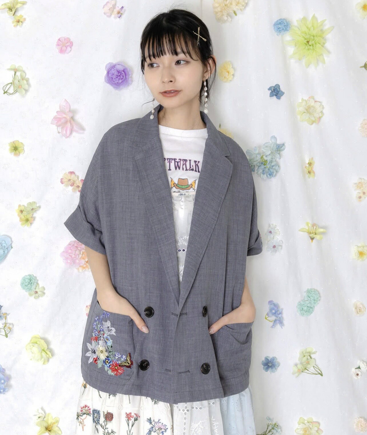 Rakuten - scolar スカラー 162607：花ネコ刺繍入り半袖ジャケット