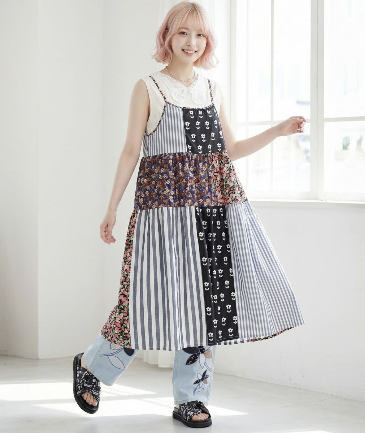 Rakuten - scolar スカラー　162604：花柄×ストライプ パッチワーク風キャミワンピース