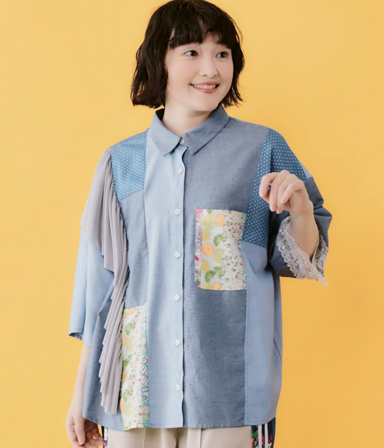 Rakuten - scolar スカラー　162644：デニム×水玉×チュール×総柄 パッチワーク風シャツ