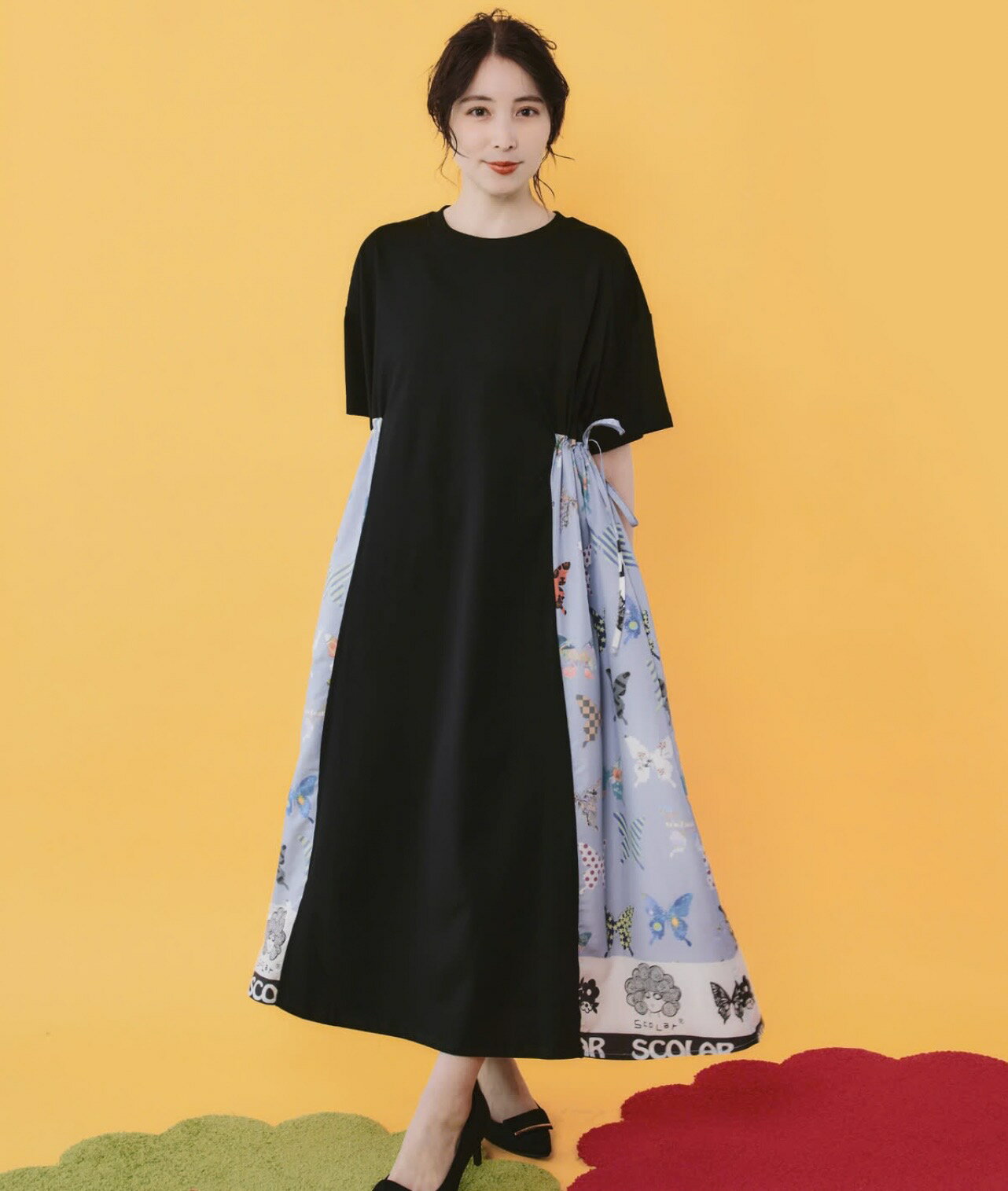 Rakuten - scolar スカラー　162661：天竺×蝶柄布帛ワンピース