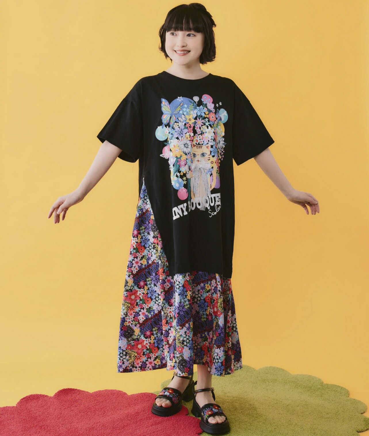 Rakuten - scolar スカラー　162670：レースリボン×花ネコプリント 花柄スリット切替ワンピース