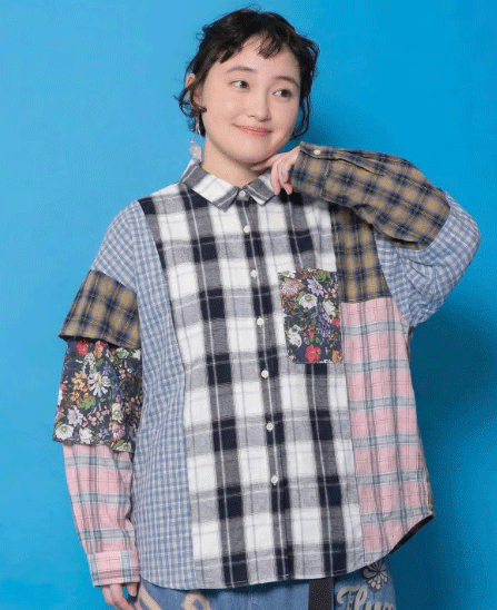 Rakuten - scolar スカラー 161673：チェックorストライプ 総柄アシメパッチワークシャツ