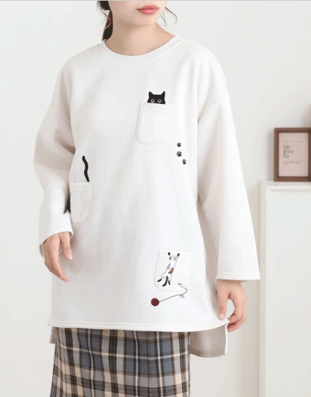 Rakuten - 多ポケット刺繍七分袖プルオーバー　いろいろ猫　ねこだらけュニック ネコチュニックシャツ　ねこチュニック