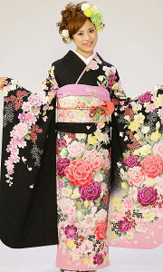 【レンタル】振袖レンタル |1月| 黒地ラメ 結婚式 成人式 結納 卒業式 レンタル着物 振袖 貸衣装 フルセット 小物一式つき 振り袖 送料無料 新品足袋プレゼント 6s869 ★バーゲン