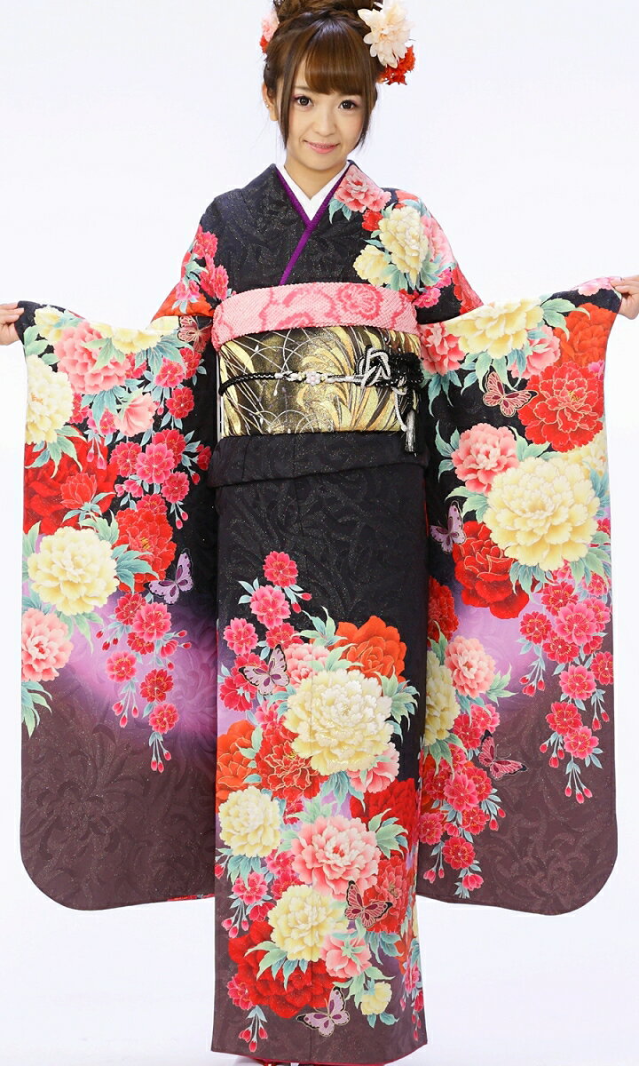 【レンタル】振袖レンタル |2月〜12月| 7s165 黒地ラメ 結婚式 成人式 結納 卒業式 レンタル着物 振袖 貸衣装 フルセット 小物一式つき 振り袖 送料無料 新品足袋プレゼント ★