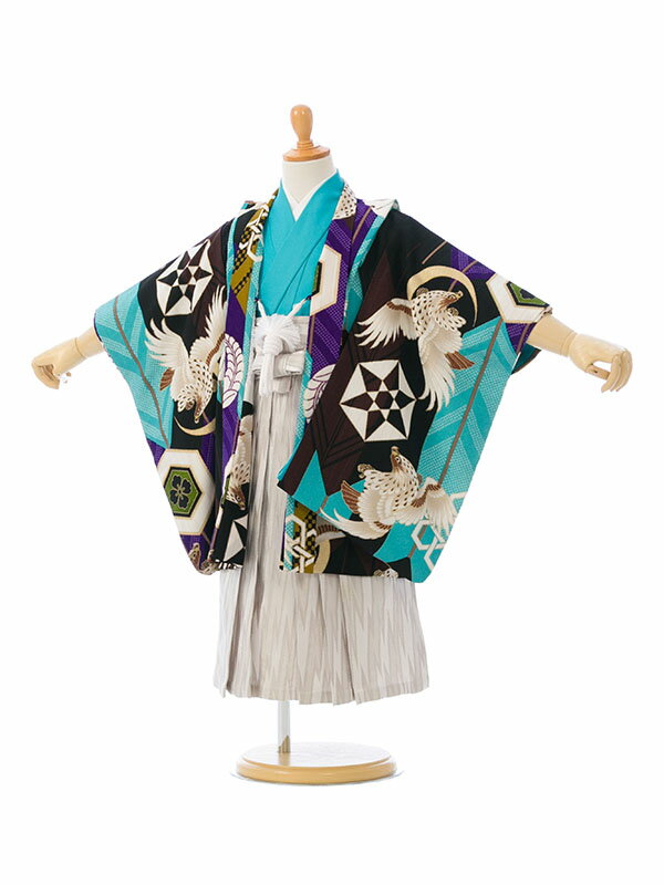 【レンタル】 七五三 着物 レンタル 3歳 男の子 フルセット JAPAN STYLE 村田諒太 753 貸衣装 袴 羽織袴 袴セット 新品足袋プレゼント 草履 小物 着付けマニュアル付 往復送料無料 子供 男児 和服 お正月 お祝い 水色 黒 矢絣 鷹 E-3-291