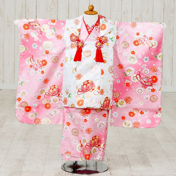 【レンタル】桜楓 被布:白 着物:ピンク 七五三 3歳着物レンタル 3歳 女の子 七五三 着物 七五三 被布 貸衣装 往復送料無料 七五三 レンタル 七五三フル...