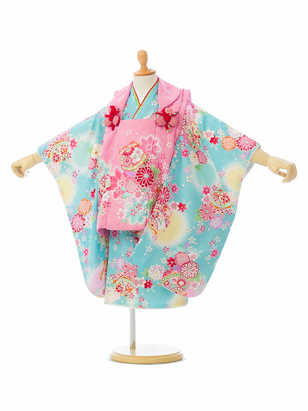 【レンタル】鈴と春秋花 被布:ミントグリーン地 着物:黄色ぼかし地 七五三 3歳着物レンタル お揃いコーデ☆ 七五三 被布 貸衣装 往復送料無料 七五三フルセッ...