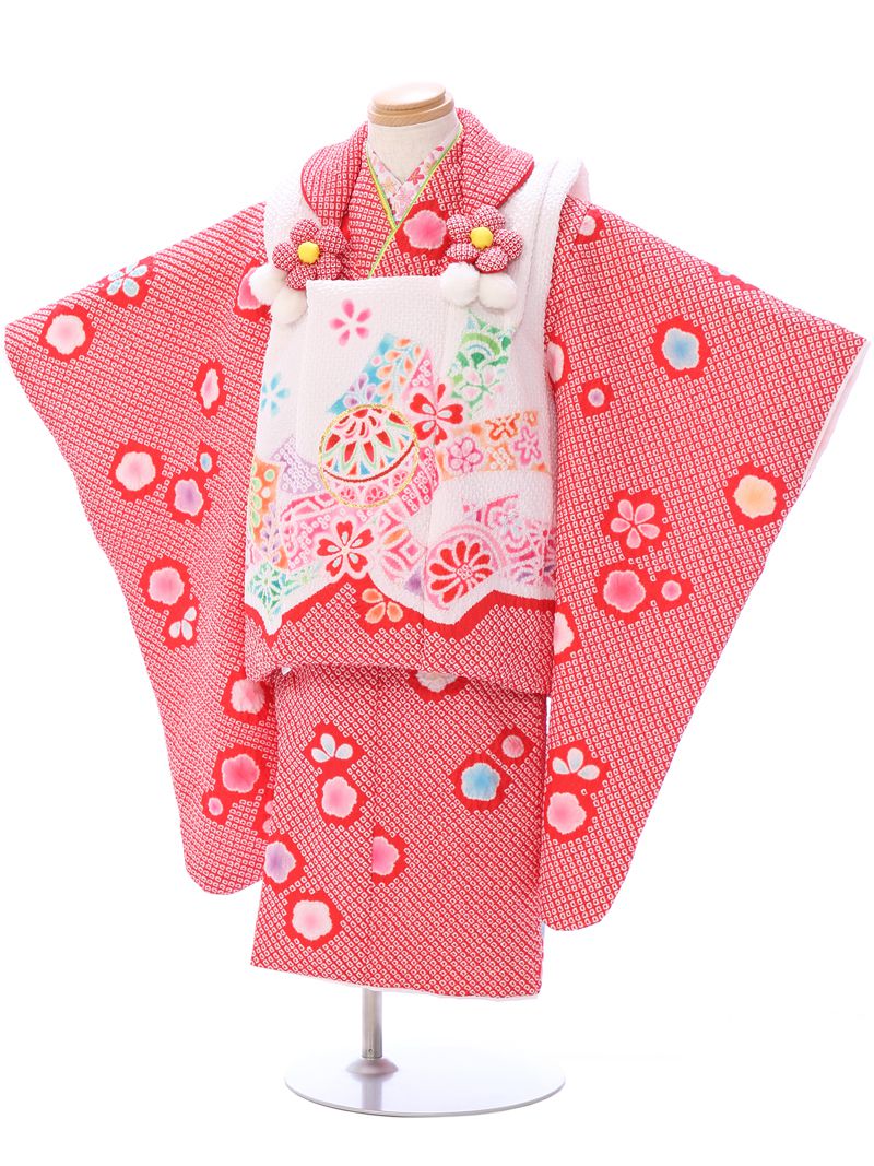 【レンタル】 七五三 3歳着物レンタル 七五三 被布 貸衣装 送料無料 七五三フルセット付 髪飾り付 簡単な着せ方マニュアル付 式部浪漫 E-H-484