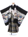【レンタル】羽織:黒地 兜 扇面 松 着物:黒 袴:グレー 向かい鶴菱七五三 レンタル七五三 5歳男の子七五三 着物代引き手数料無料753レンタル小物一式つき七五三 フルセットe-5-026