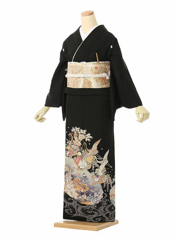 【レンタル】留袖 レンタル フルセット Mサイズ 150cm 13号まで 黒留袖 レンタル 50代 60代 末広付 結婚式 母親 和服 列席 親族 着物 送料無料 新品足袋プレゼント 小物一式付 草履バッグセット付 五つ紋 五三桐 結婚式 正装 和服 お値打ち 仲人 4K385