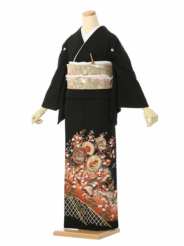 【レンタル】留袖 レンタル フルセット Mサイズ 140cm～150cm 13号まで 黒留袖 レンタル 40代 50代 末広付 結婚式 母親 和服 列席 親族 着物 送料無料 新品足袋プレゼント 小物一式付 草履バッグセット付 五つ紋 五三桐 結婚式 正装 和服 お値打ち 仲人 73A019