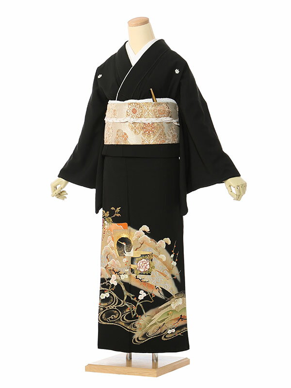 【レンタル】留袖 レンタル フルセット Mサイズ 150cm～153cm 13号まで 黒留袖 レンタル 50代 60代 末広付 結婚式 母親 和服 列席 親族 着物 送料無料 新品足袋プレゼント 小物一式付 草履バッグセット付 五つ紋 五三桐 結婚式 正装 和服 お値打ち 仲人 4A1144