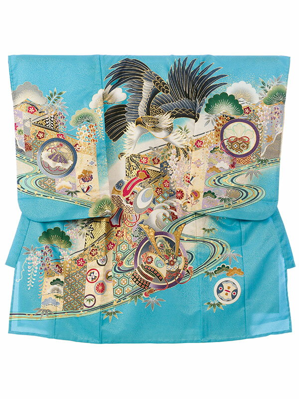 【レンタル】 お宮参り 産着 男の子 着物レンタル 夏用 単衣 男児 祝着レンタル 赤ちゃん 着物 男の子用 祝着 ベビー服 ベビー 祝い着 セット 初節句 ベビー着物 ベビー着物レンタル 子供 子ども きもの よだれかけ 帽子 水色 鷹 刺繍 HALA163