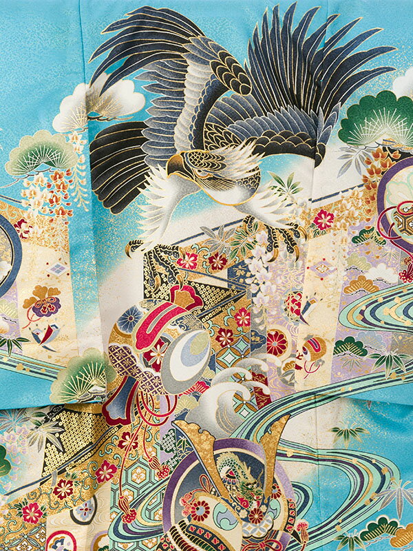 【レンタル】 お宮参り 産着 男の子 着物レンタル 夏用 単衣 男児 祝着レンタル 赤ちゃん 着物 男の子用 祝着 ベビー服 ベビー 祝い着 セット 初節句 ベビー着物 ベビー着物レンタル 子供 子ども きもの よだれかけ 帽子 水色 鷹 刺繍 HALA163