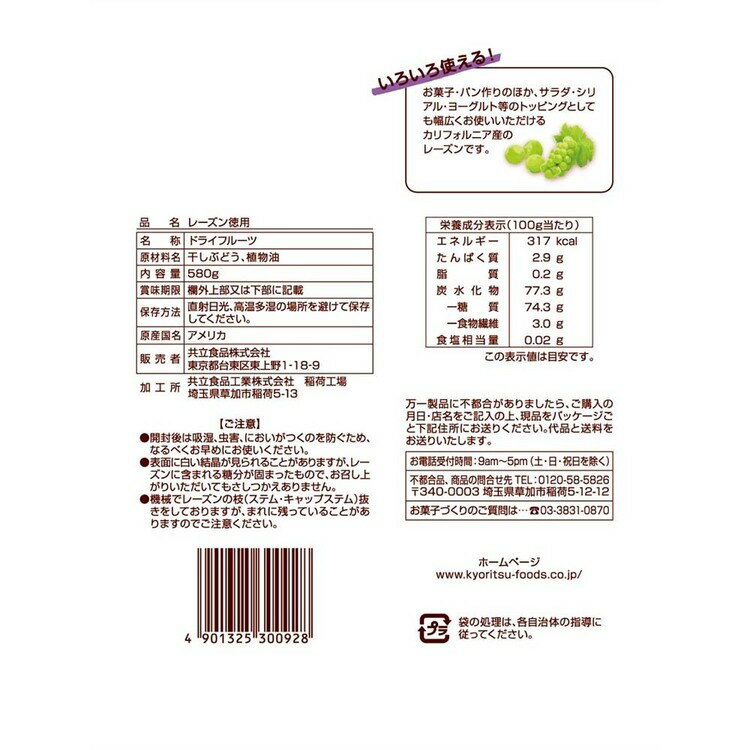 【10個】共立食品　レーズン徳用 580gレーズン ドライフルーツ お菓子作り パン サラダ ヨーグルト シリアル トッピング カルフォルニア 製菓 共立食品 2