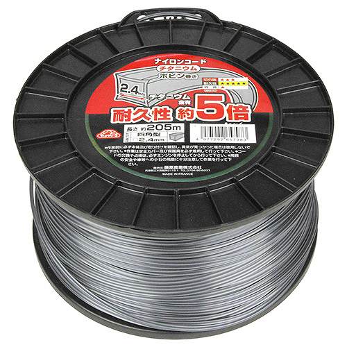 商品説明チタニウム含有で耐久性が約5倍(当社比)になりました ■用途 刈払機用ナイロンコード ■機能 ・小石の多いところ・フェンス、塀の際・雑草、植木の周囲での作業に最適です ■仕様 ・四角型 ・直径：2.4mm ・長さ：205m