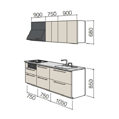 e-キッチンマテリアルの【LINEクーポン配布中】システムキッチン ザ・クラッソ TOTO 間口255cm 2550mm I型 奥行65cm 基本プラン 扉グループ1A・1B メーカー直送｜アングル2
