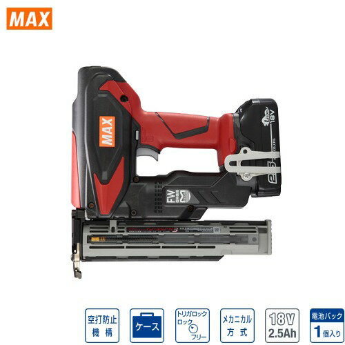 商品説明15〜35mmのフィニッシュネイルに対応 新反動吸収機構搭載(PAT.P) 型枠専用機 防塵・防滴構造　MAX IEGS 突然の雨や粉じんなどハードな環境での使用を想定し、マックス独自の耐環境規格「MAX IEGS」をクリアしています。 連続打込み本数アップ ブラシレスモータ搭載 連続作業性と耐久性が向上し、さらに軽量化も実現。 ダイヤル式アジャスタ搭載(微調整が可能) 小型・軽量で快適作業 使いやすい！LEDライト機能冬場の夕方の屋外作業や、 屋内の照明の届きにくい所での作業に役立ちます。 お知らせ大型LEDランプ搭載 (電池切れや温度上昇時に部材を緑色に照らしてお知らせ) ランタン照射モード 約1時間ライトを照射し続けるモードです。 暗所での連続作業字の簡易照射に便利です。 安心の空打ち防止機能搭載(PAT．P) 軒天・外壁下地など各種作業にも商品詳細寸法高さ(H)×幅(W)×長さ(L) 246×80×242(mm) 質量 2.0kg(JP-L91825A装着時) 1充電使用本数 約2,000本 付属品 電池パック(JP-L91825A)、充電器(JC-925A)、六角棒スパナ3mm、保護メガネ、キャリングケース 使用フィニッシュネイル 15・20・25・30・35(mm) フィニッシュネイル装填数 100本(最大104本)