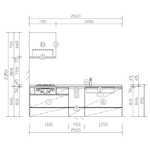 e-キッチンマテリアルの【LINEクーポン配布中】システムキッチン Sクラス シンプルプラン 食洗機付 間口2600mm パナソニック グレード10 壁付I型 奥行65cm メーカー直送｜アングル2