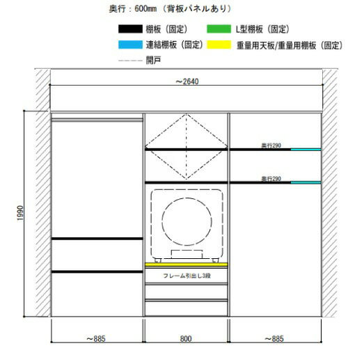 ラクロ ハンガーパイプ・開戸・引出し3段 ドラム式洗濯機用 その他衣類乾燥機プラン [AY000054□] 9尺 南海プライウッド 現場不可 法人事務所限定 メーカー直送 [2]