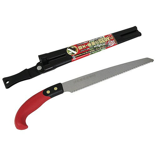 商品説明便利な樹脂グリップ&鞘付きです。 【用途】 庭木の剪定、整枝作業用。 【機能】 ●高硬度全身焼入刃採用により、切れ味が抜群で長持ちします。 ●収納・持ち運びに便利なベルト通し付樹脂製鞘を採用しています。 ●衝撃を吸収し、滑りにくいエラストマー樹脂グリップを採用しています。 【仕様】 ●刃長：240mm。 ●最適切断目安：約120mm。 ●剪定目(10枚目)。 ●サヤ入。 【材質】 ●刃部：刃物鋼。 ●ハンドル部：樹脂。 【注意事項】 ●本来の用途以外では使用しないでください。 ●引き切りですので押すときには力は入れず、無理にひねったりして使用しないで下さい。刃の折れ、欠けの原因となります。 ●鋸身、特に刃部には触れないで下さい。 ●曲線切等の無理な切込みは、危険ですので絶対にしないで下さい。 ●使用後は汚れを取り、刃の表裏にミシン油等を塗布し、子供の手の届かない安全な場所に保管してください。