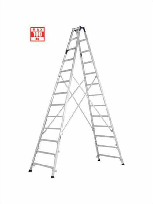 商品説明□安全性を向上させた業務用はしご兼用脚立。最大使用質量130kg対応? □両面ワイドの60mm幅広踏ざん採用で作業効率が大幅にアップします。 □補強金具により強度と耐久性をアップさせました。 □天板高さ　3.77m　 □有効高さ　3.17m　 □収納寸法　幅：1009mm　奥行：174mm　高さ：3977mm　 □質量　22.0kg　 □最大使用質量(kg)　100kg　カテゴリーMXB　脚立　専用脚立　ワイドステップ　13尺　13段北海道・沖縄その他、離島へは配送ができない商品です。